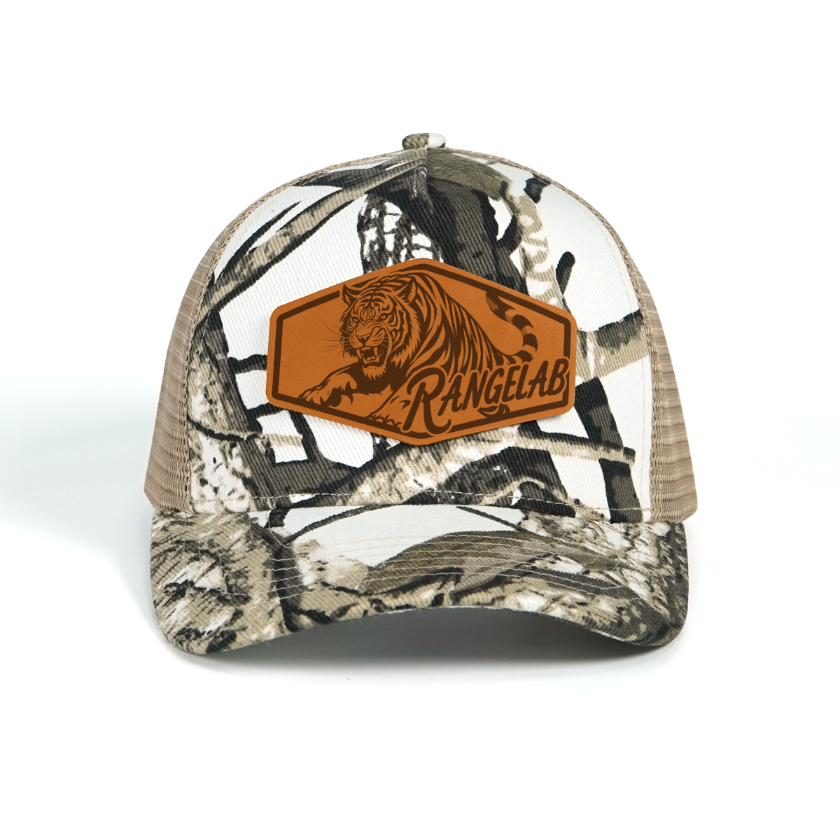Rangelab Camo Trucker Hat - Adjustable Snapback with Leather Wildlife Patch (Bear, Eagle, Moose & More)