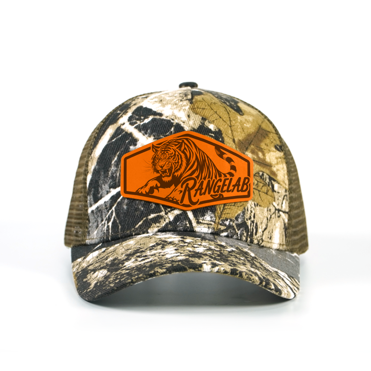 Rangelab Camo Trucker Hat - Adjustable Snapback with Leather Wildlife Patch | Outdoor Hunting Hiking