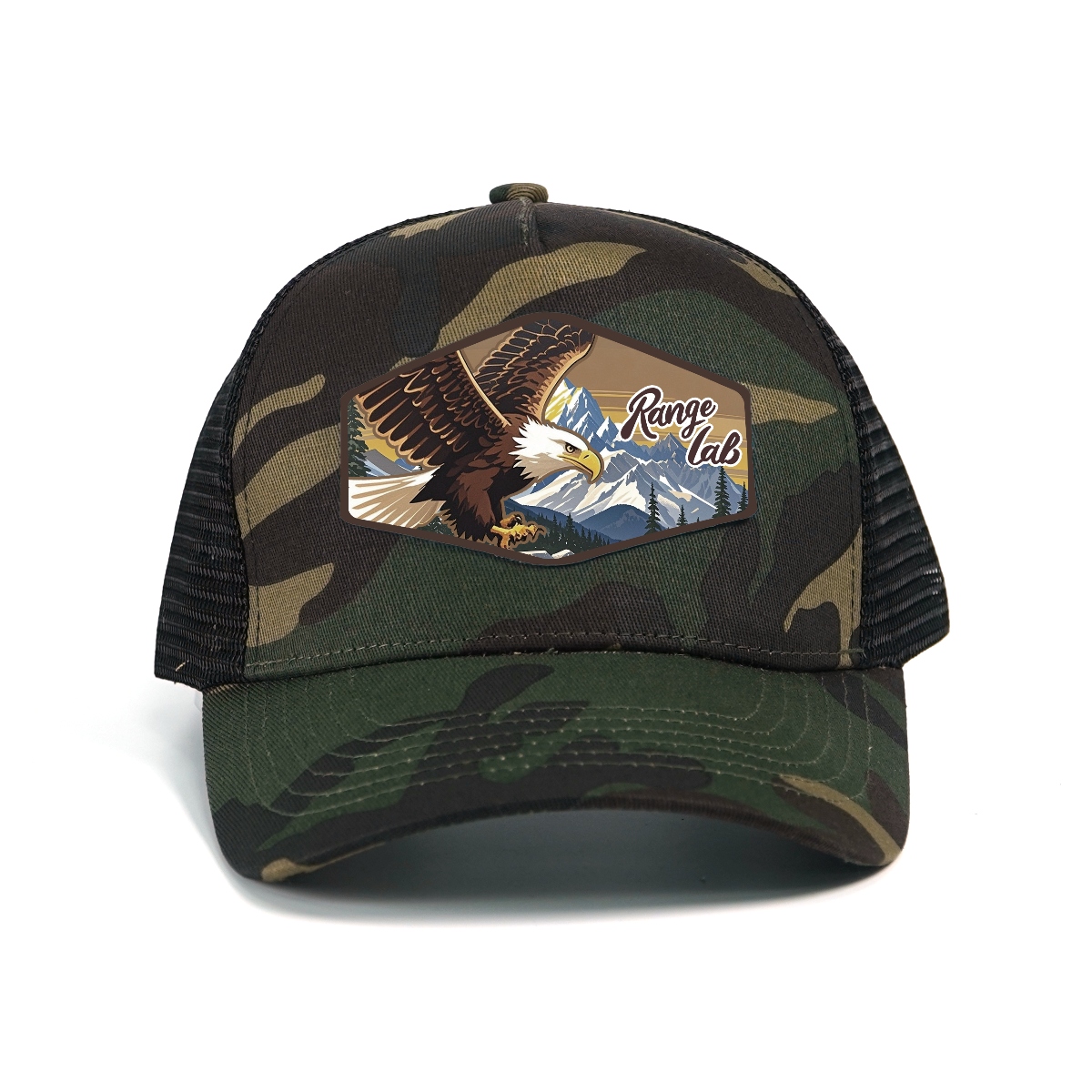 RANGELAB Camo Trucker Hat for Men & Women – Adjustable Mesh Snapback Cap with Leather Patch | Eagle, Tiger & Bear Outdoor Adventure Hats | Breathable Camo Baseball Cap