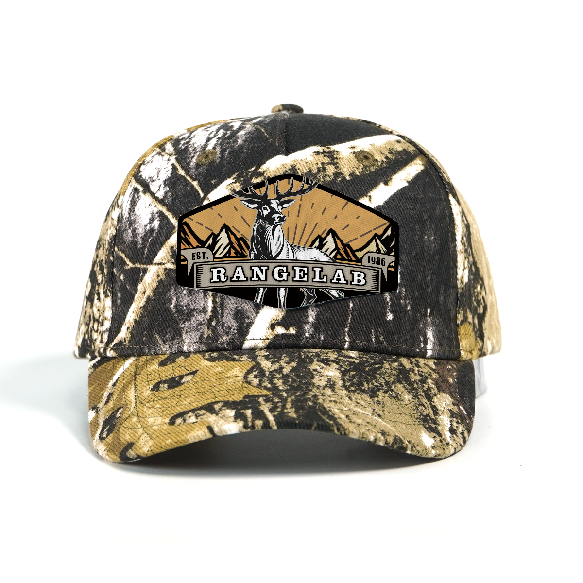RANGELAB Camo Outdoor Adventure Hat – Adjustable Snapback Hunting Cap with Animal Leather Patch (Deer / Cheetah / Eagle)