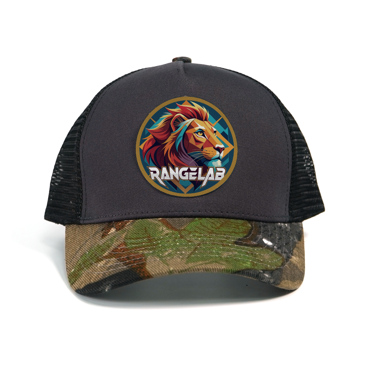 RANGELAB Outdoor Camo Trucker Hat for Men & Women – Breathable Mesh Back Snapback Cap with Leather-Look Wildlife Patch (Lion, Bear, or Deer Design) – Adjustable, Stylish, and Durable for Hiking, Fishing & Everyday Wear