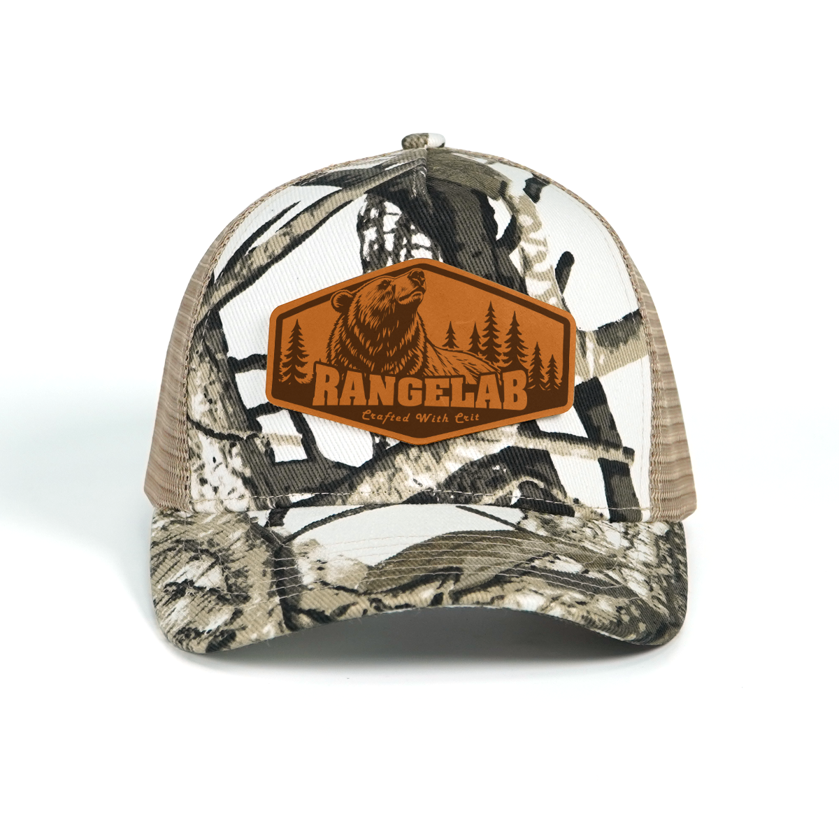 Rangelab Camo Trucker Hat - Adjustable Snapback with Leather Wildlife Patch (Bear, Eagle, Moose & More)