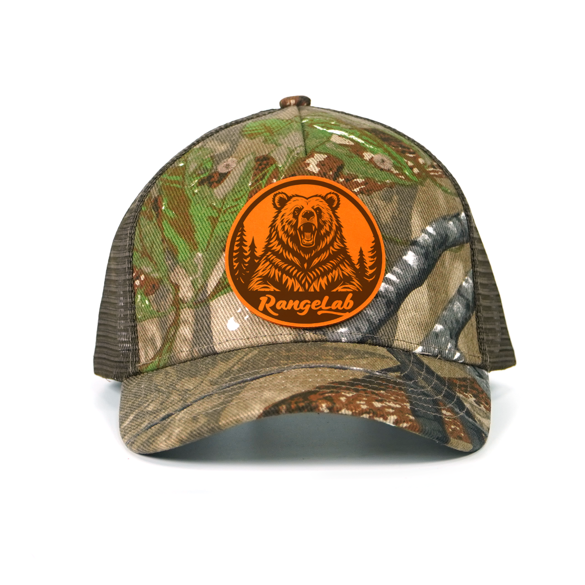 RANGELAB Camo Trucker Hat with Leather Animal Patch – Adjustable Mesh Back for Outdoor & Hunting