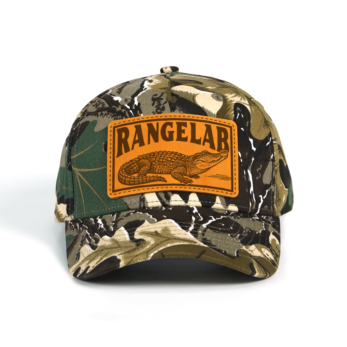 Rangelab Camo Snapback Hat - Genuine Leather Animal Patch (Bear/Croc/Tiger/Eagle/Scorpion) | Adjustable Outdoor Streetwear Cap, 22.5"-25" Fit