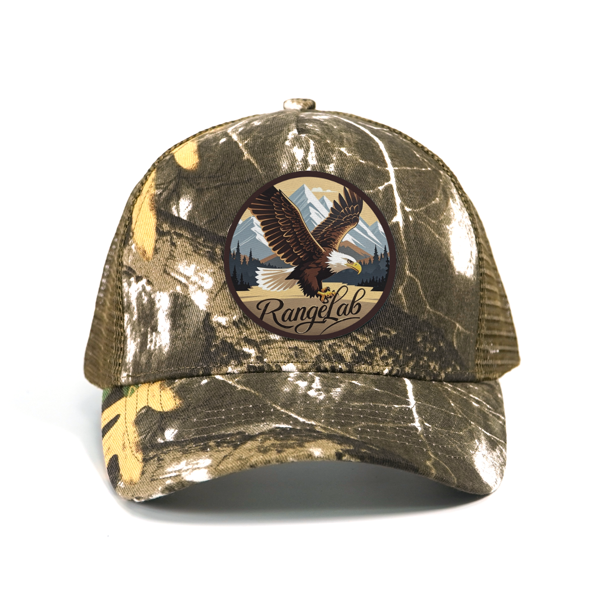 RANGELAB Camo Trucker Hat for Men & Women – Outdoor Mesh Snapback Cap with Eagle, Cheetah & Deer Patches – Adjustable Hunting & Hiking Hat