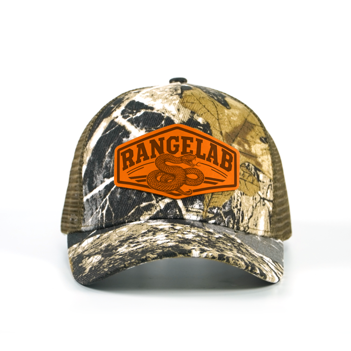 Rangelab Camo Trucker Hat - Adjustable Snapback with Leather Wildlife Patch | Outdoor Hunting Hiking