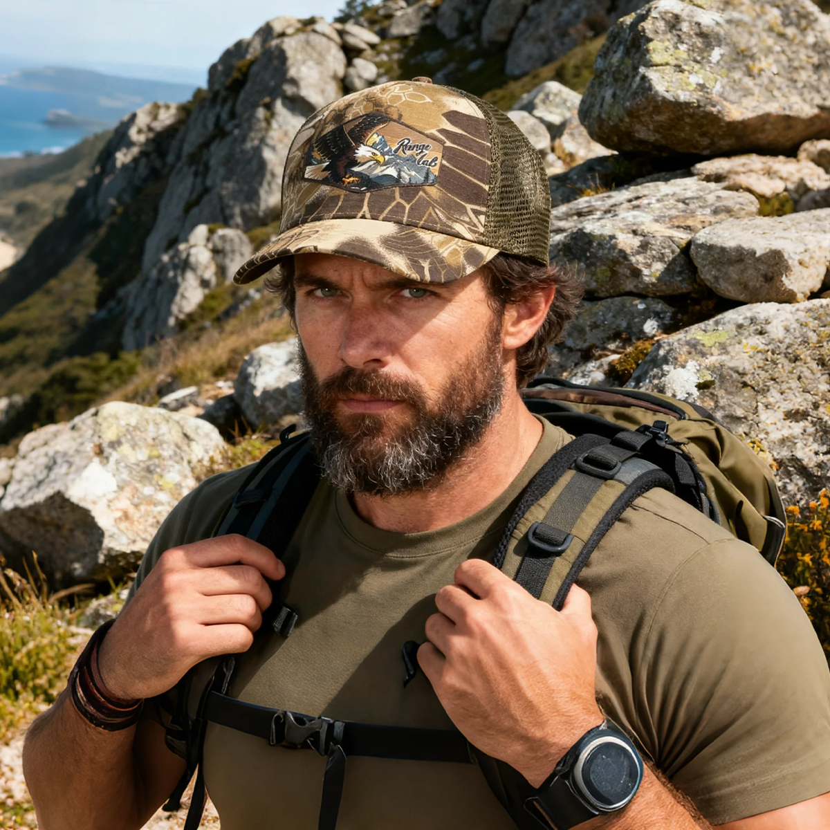 RANGELAB Outdoor Camo Trucker Hat for Men & Women – Classic Mesh Snapback Cap, Breathable Adjustable Fit, Eagle & Cheetah Patch Designs