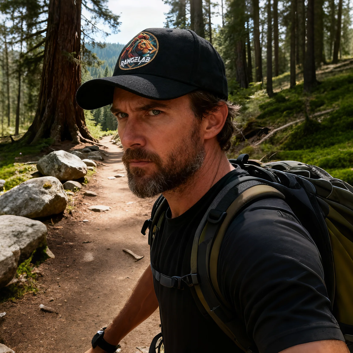 RANGELAB Trucker Cap – Crafted with Grit | Wildlife Leather Patch Adventure Hat (Lion & Bear Design)