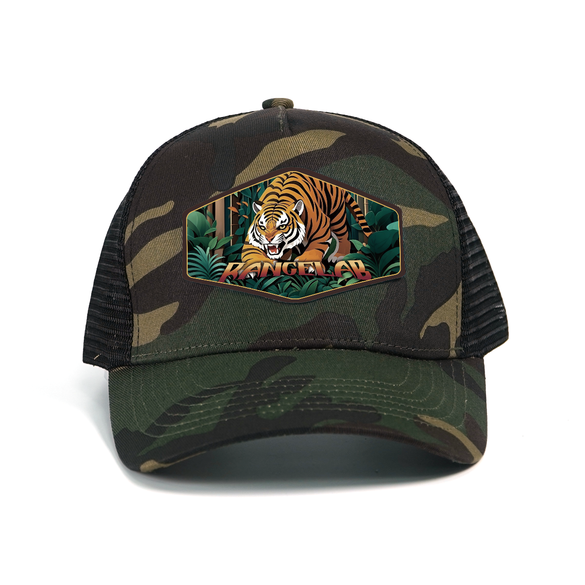 RANGELAB Camo Trucker Hat for Men & Women – Adjustable Mesh Snapback Cap with Leather Patch | Eagle, Tiger & Bear Outdoor Adventure Hats | Breathable Camo Baseball Cap