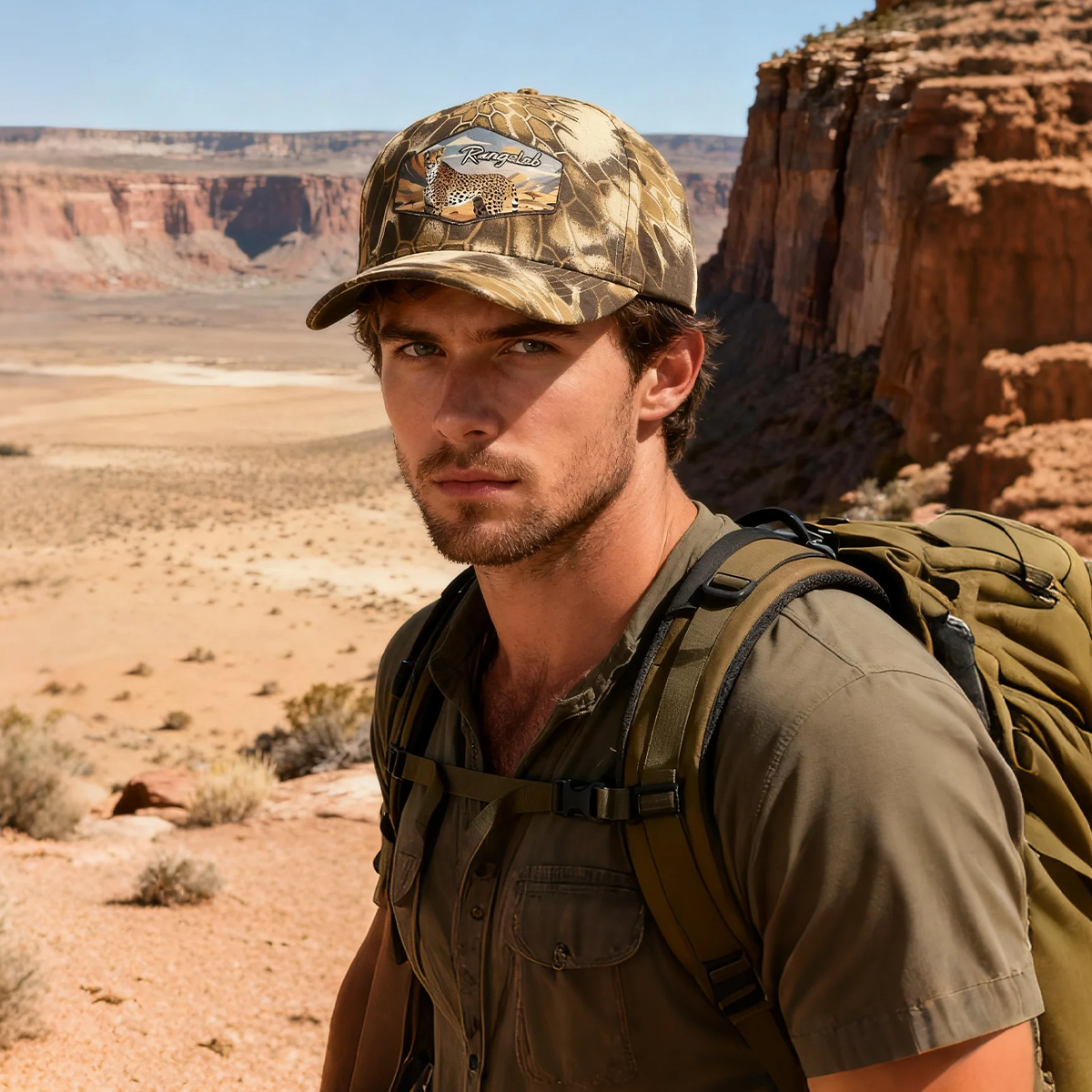 RANGELAB Unisex Camo Snapback Hat – Outdoor Hiking & Streetwear Cap with Animal Leather Patch (Eagle / Cheetah)