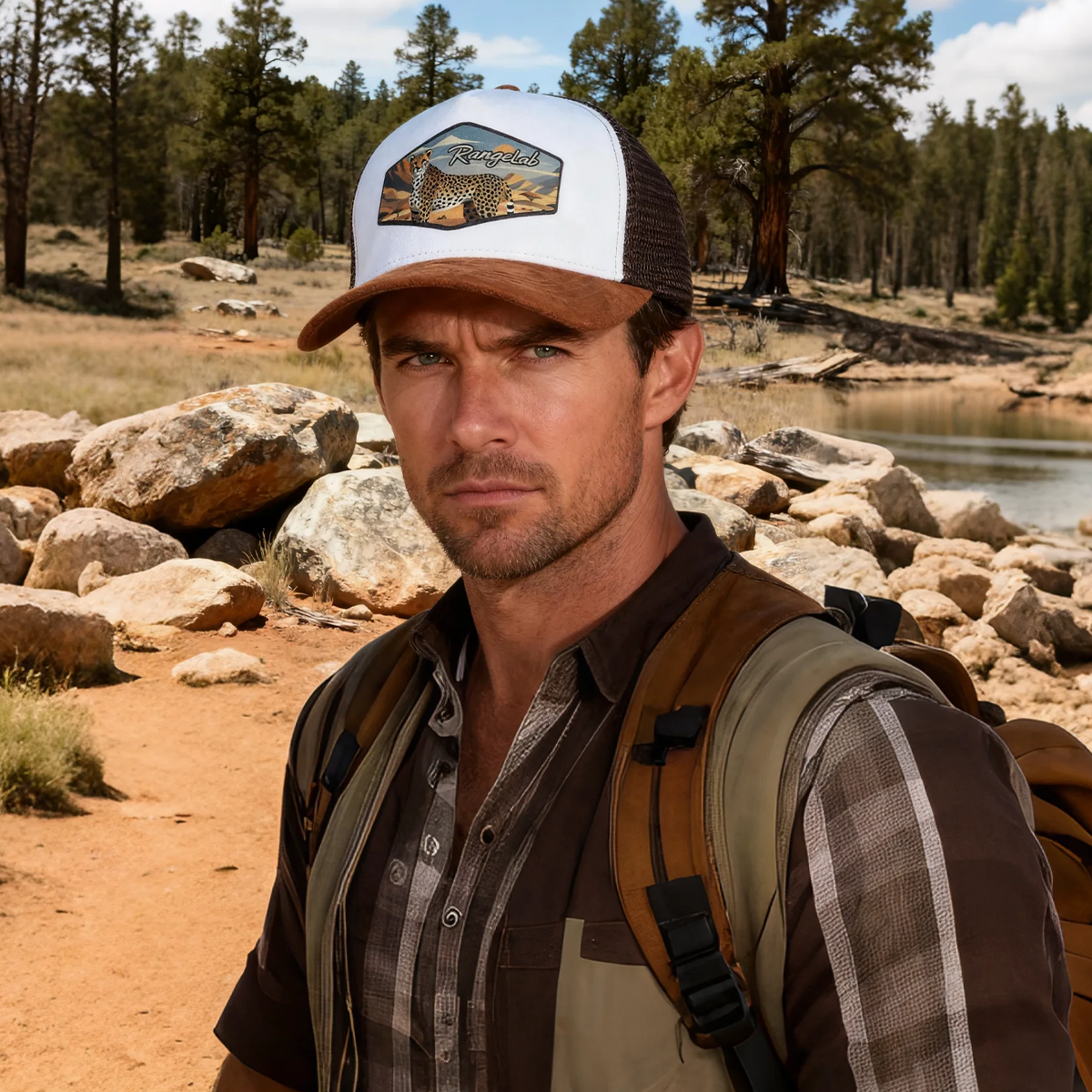 RANGELAB Trucker Hat – Vintage Leather Patch Mesh Cap for Men & Women | Outdoor Adventure Cheetah & Elk Designs | Adjustable Snapback Hiking Hat