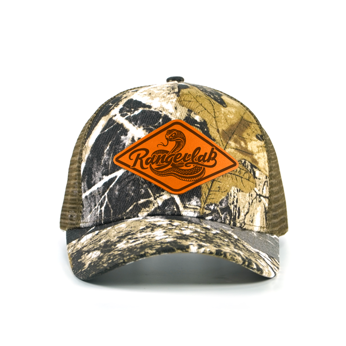 Rangelab Camo Trucker Hat - Adjustable Snapback with Leather Wildlife Patch | Outdoor Hunting Hiking