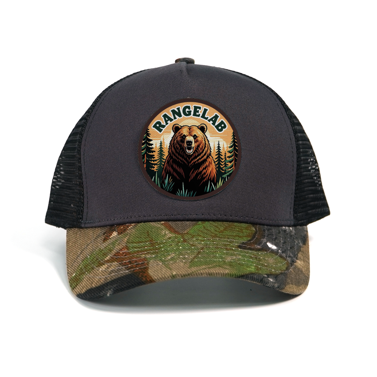 RANGELAB Outdoor Camo Trucker Hat for Men & Women – Breathable Mesh Back Snapback Cap with Leather-Look Wildlife Patch (Lion, Bear, or Deer Design) – Adjustable, Stylish, and Durable for Hiking, Fishing & Everyday Wear