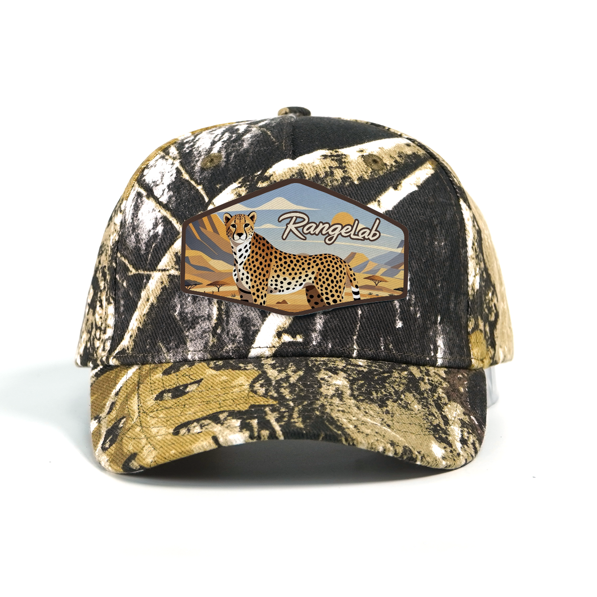 RANGELAB Camo Outdoor Adventure Hat – Adjustable Snapback Hunting Cap with Animal Leather Patch (Deer / Cheetah / Eagle)
