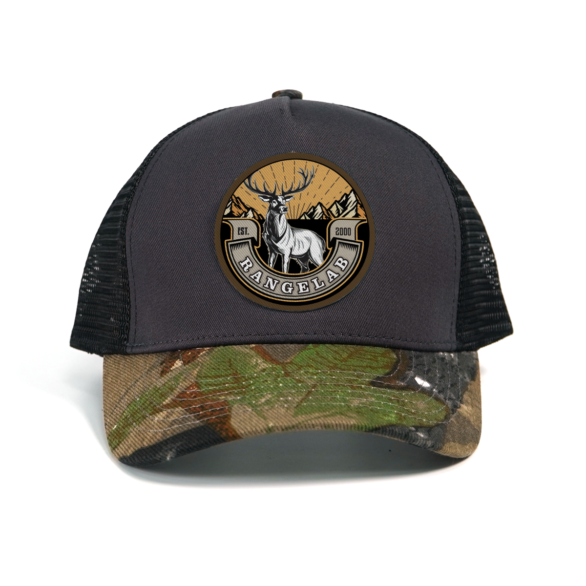 RANGELAB Outdoor Camo Trucker Hat for Men & Women – Breathable Mesh Back Snapback Cap with Leather-Look Wildlife Patch (Lion, Bear, or Deer Design) – Adjustable, Stylish, and Durable for Hiking, Fishing & Everyday Wear