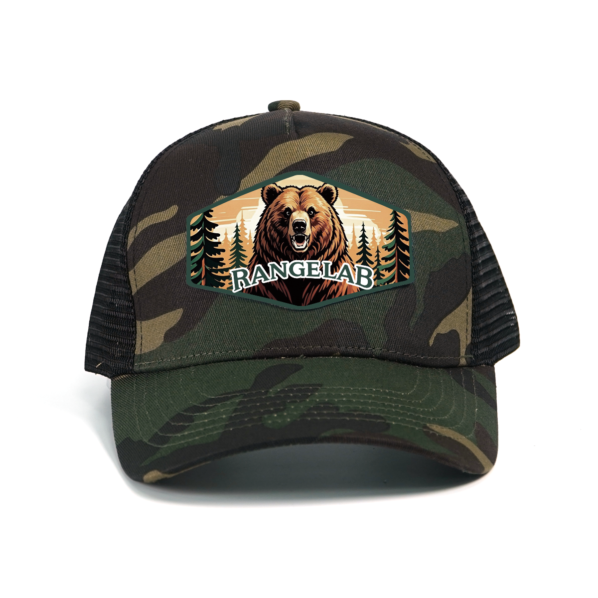 RANGELAB Camo Trucker Hat for Men & Women – Adjustable Mesh Snapback Cap with Leather Patch | Eagle, Tiger & Bear Outdoor Adventure Hats | Breathable Camo Baseball Cap