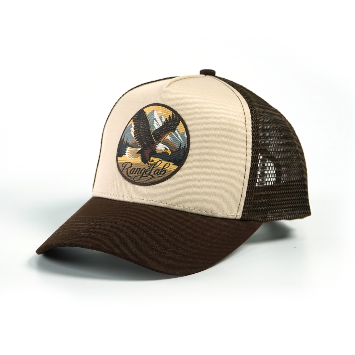 RANGELAB Adventure Trucker Hat – Mountain-Inspired Mesh Cap with Durable Leather Patch, Adjustable Fit (Eagle / Cheetah Designs)