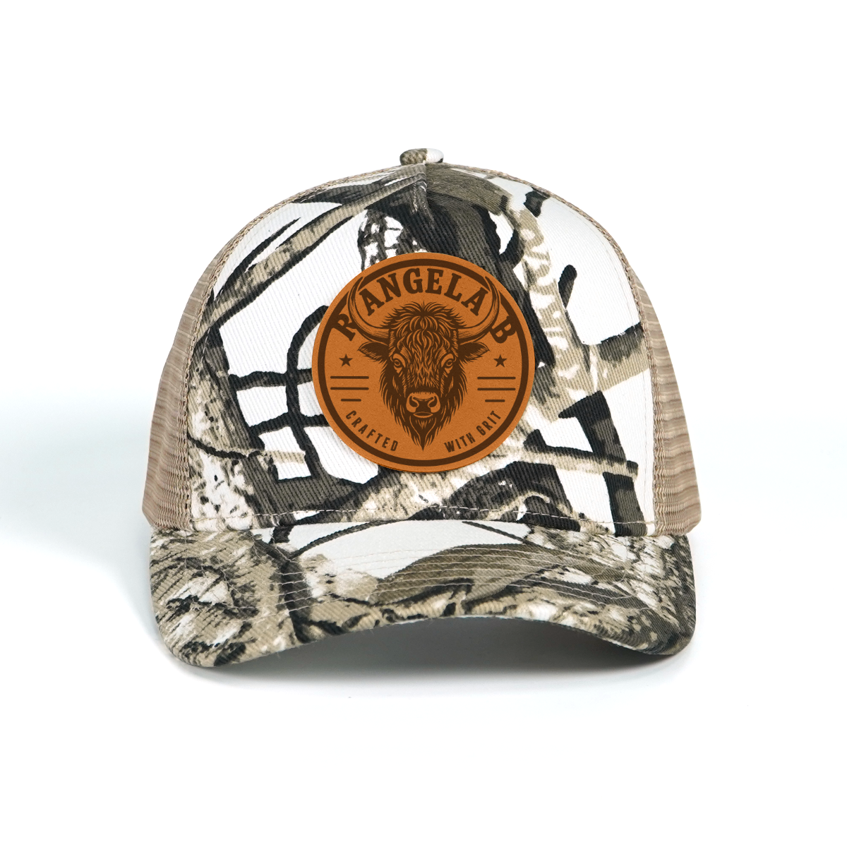 Rangelab Camo Trucker Hat - Adjustable Snapback with Leather Wildlife Patch (Bear, Eagle, Moose & More)