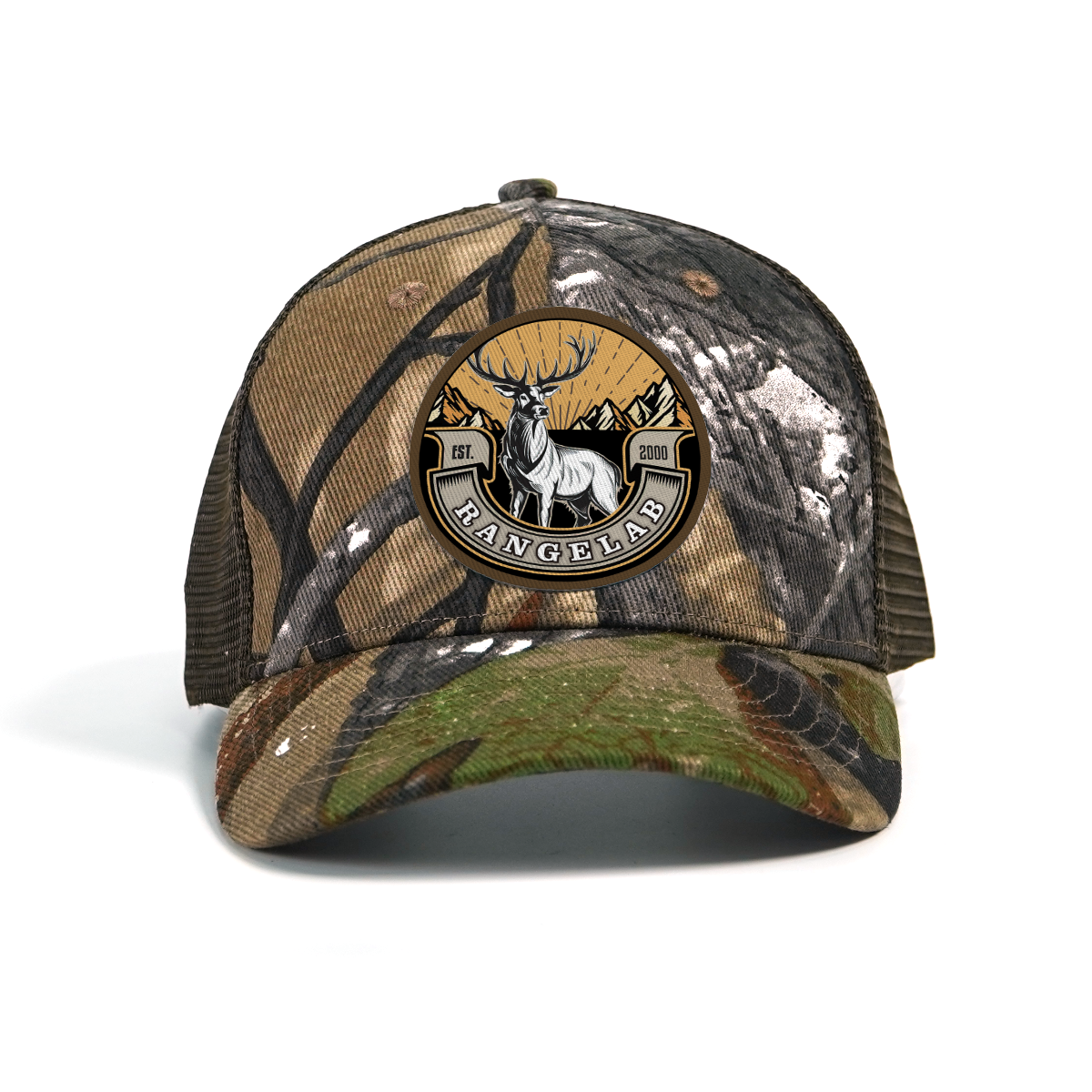 RANGELAB Camo Trucker Hat – Outdoor Mesh Snapback Cap for Men & Women | Adjustable Hunting Hat with Embroidered Leather Patch