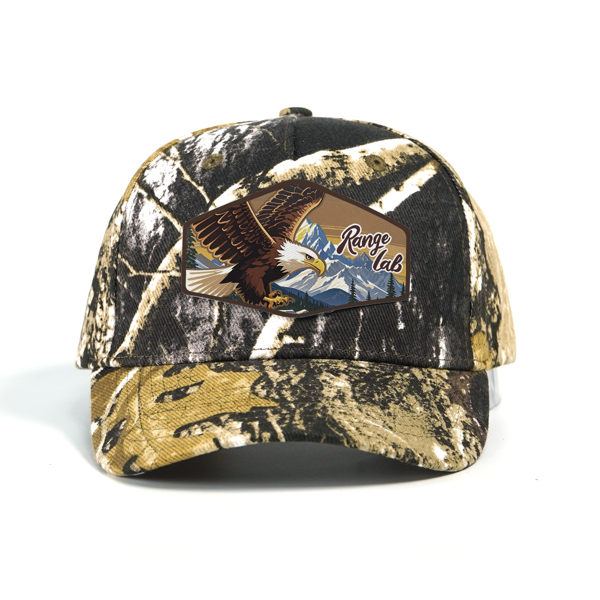 RANGELAB Camo Outdoor Adventure Hat – Adjustable Snapback Hunting Cap with Animal Leather Patch (Deer / Cheetah / Eagle)