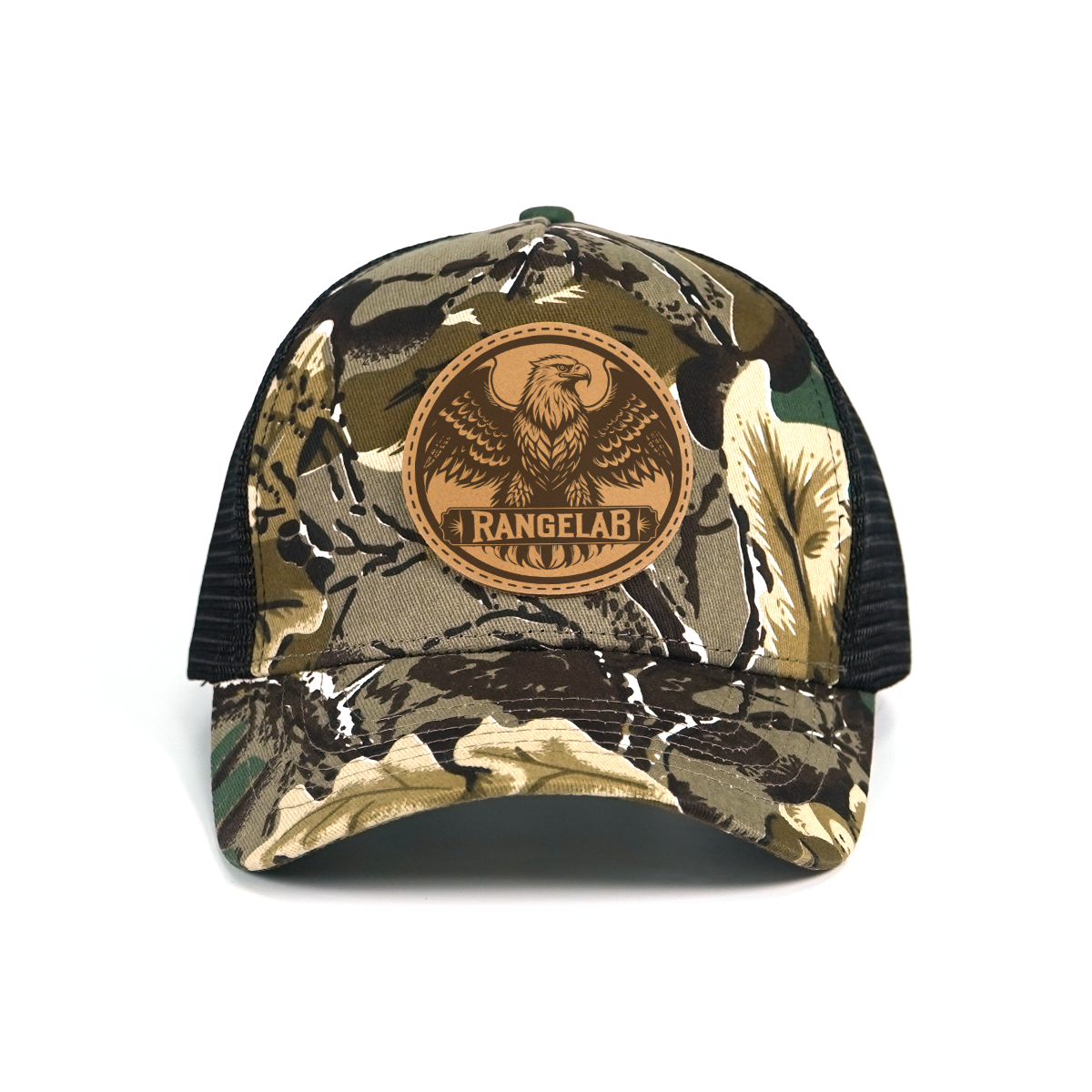 RANGELAB Camo Trucker Hat - Leather Wildlife Patch, Adjustable Mesh Back for Outdoor, Work & Daily Wear