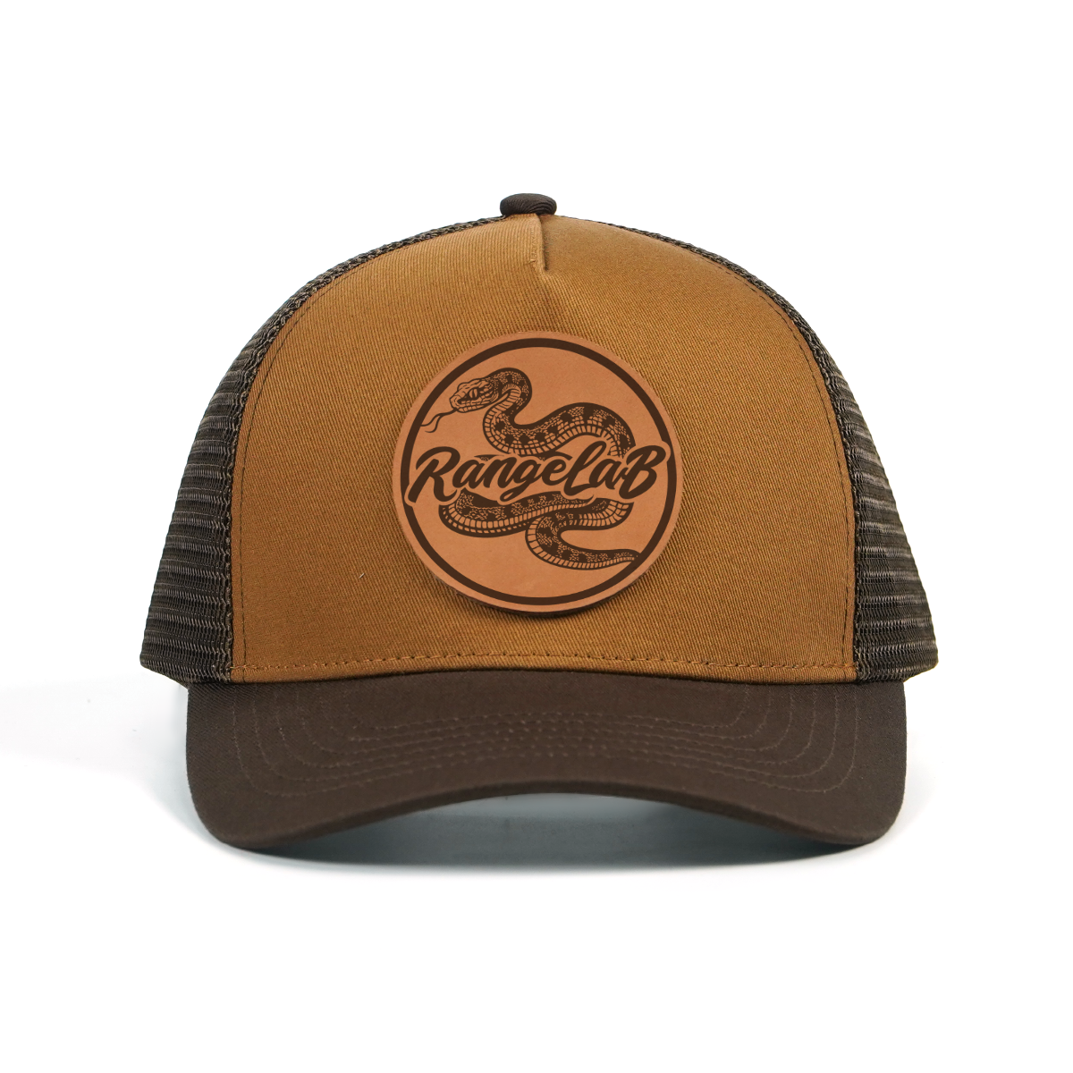 RANGELAB Leather Patch Trucker Hat – Vintage Brown Outdoor Cap (Snake / Wolf / Walrus / Scorpion / Gator)