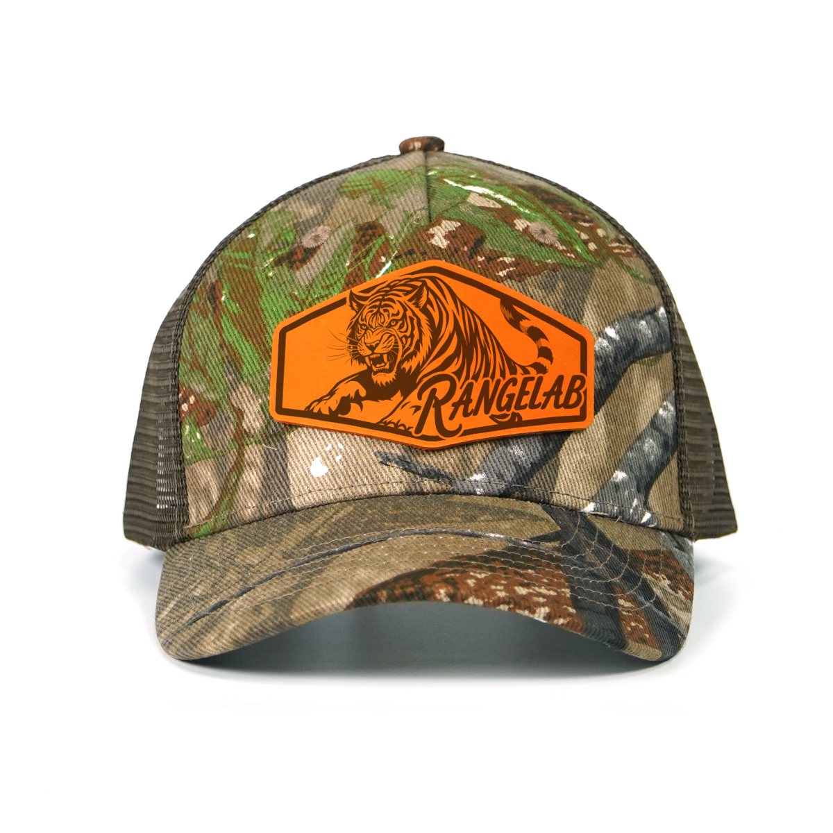 RANGELAB Camo Trucker Hat with Leather Animal Patch – Adjustable Mesh Back for Outdoor & Hunting