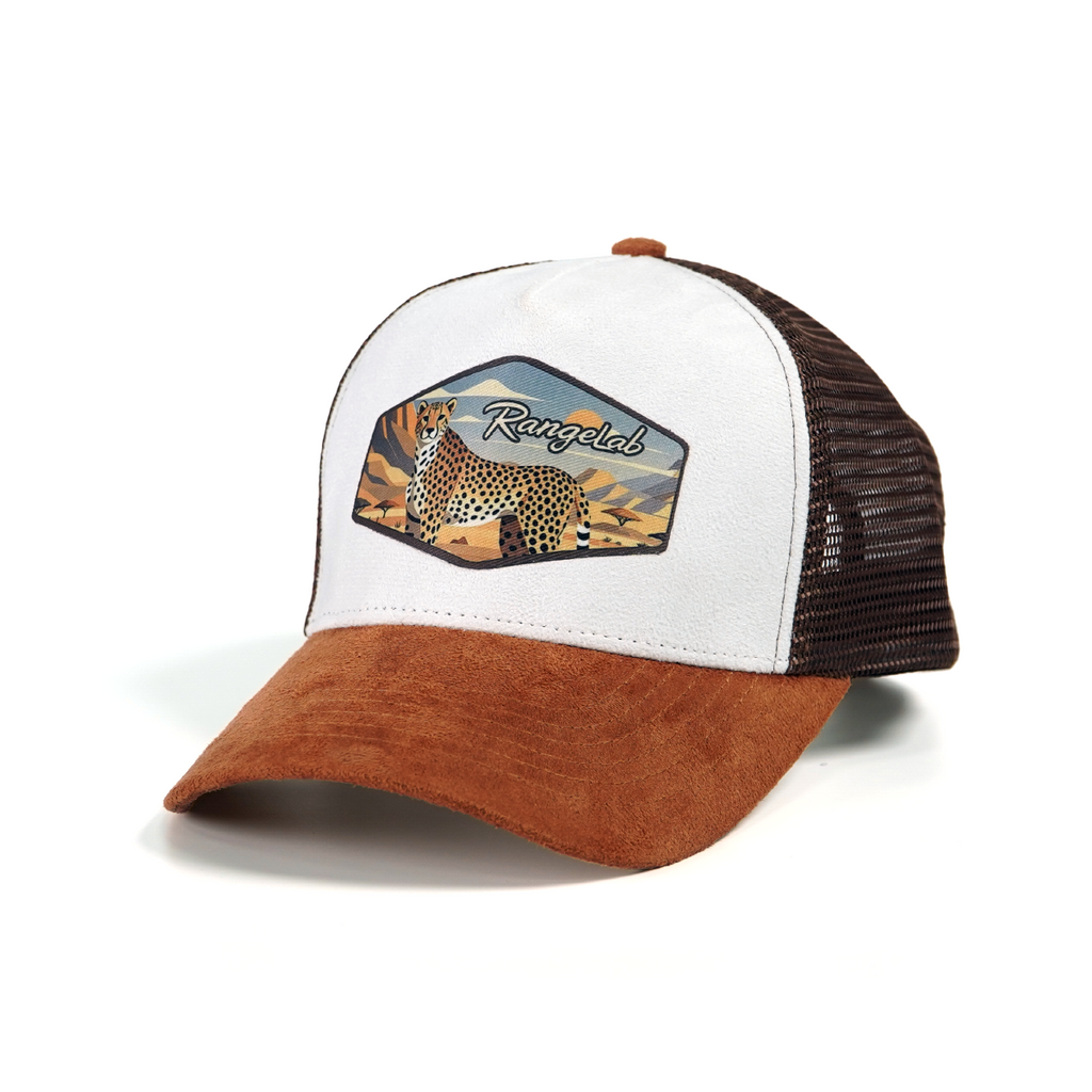 RANGELAB Trucker Hat – Vintage Leather Patch Mesh Cap for Men & Women | Outdoor Adventure Cheetah & Elk Designs | Adjustable Snapback Hiking Hat
