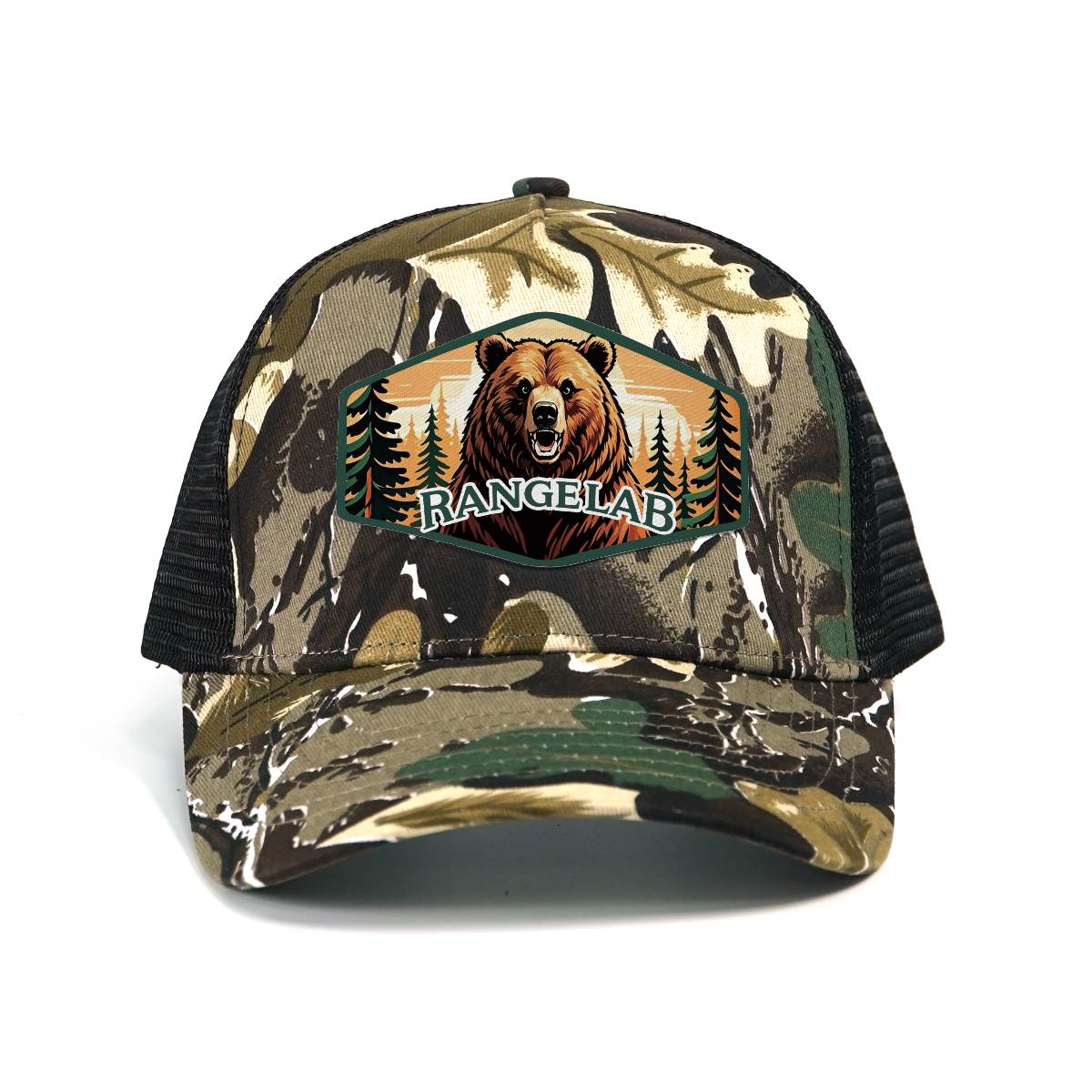 RANGELAB Camo Trucker Hat for Men & Women – Adjustable Mesh Snapback Cap with Lion, Tiger, or Bear Patch – Outdoor Adventure Hunting & Hiking Baseball Hat