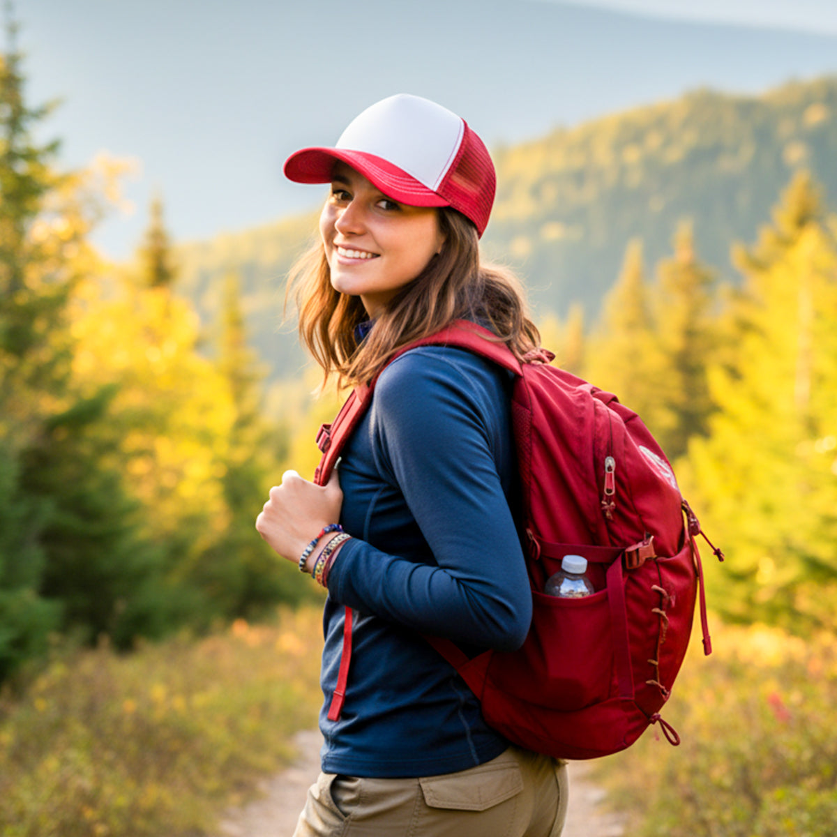 RANGELAB Classic Red & White Trucker Hat – Breathable Mesh Back, Suede Bill, Adjustable Fit for Men & Women