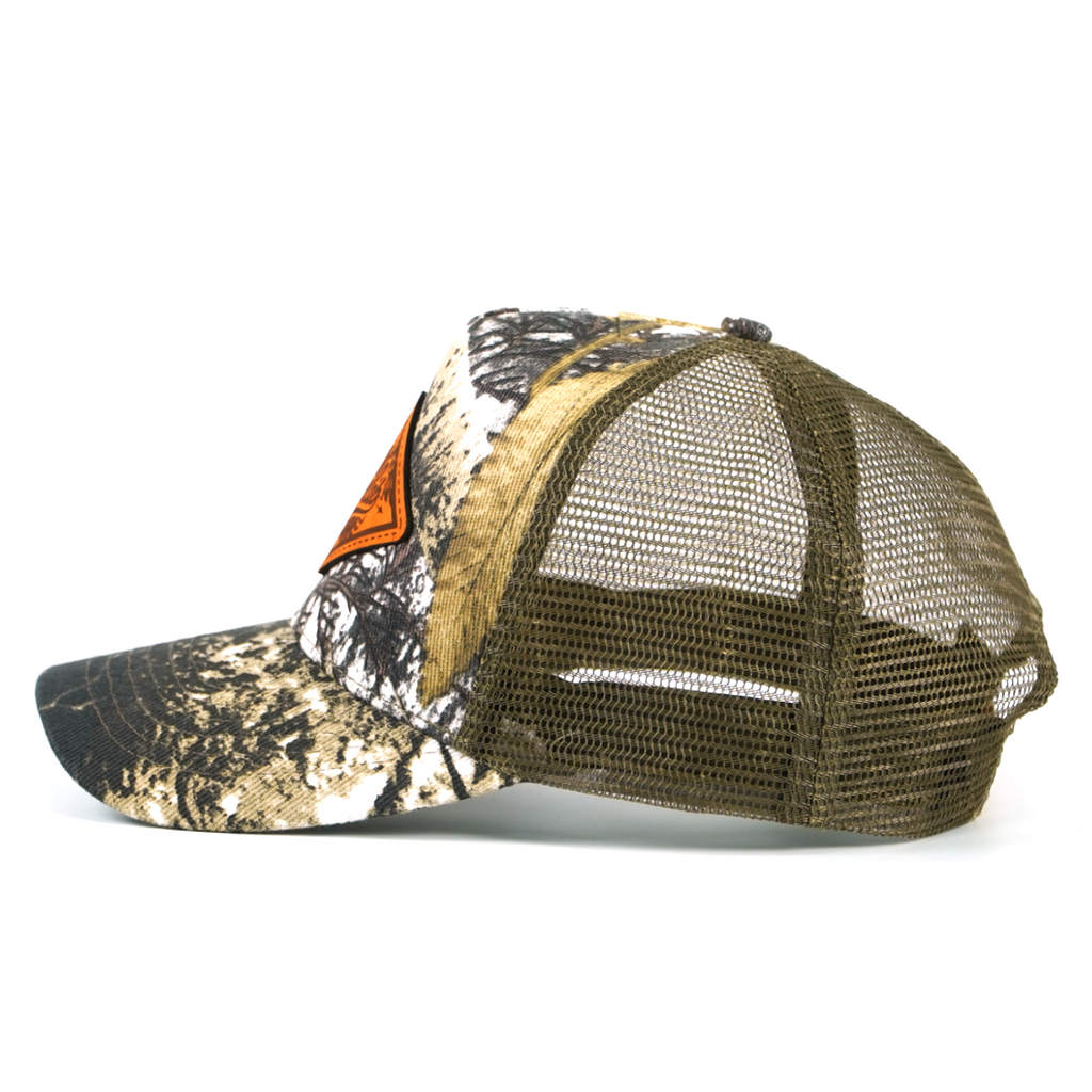 Rangelab Camo Trucker Hat - Adjustable Snapback with Leather Wildlife Patch | Outdoor Hunting Hiking