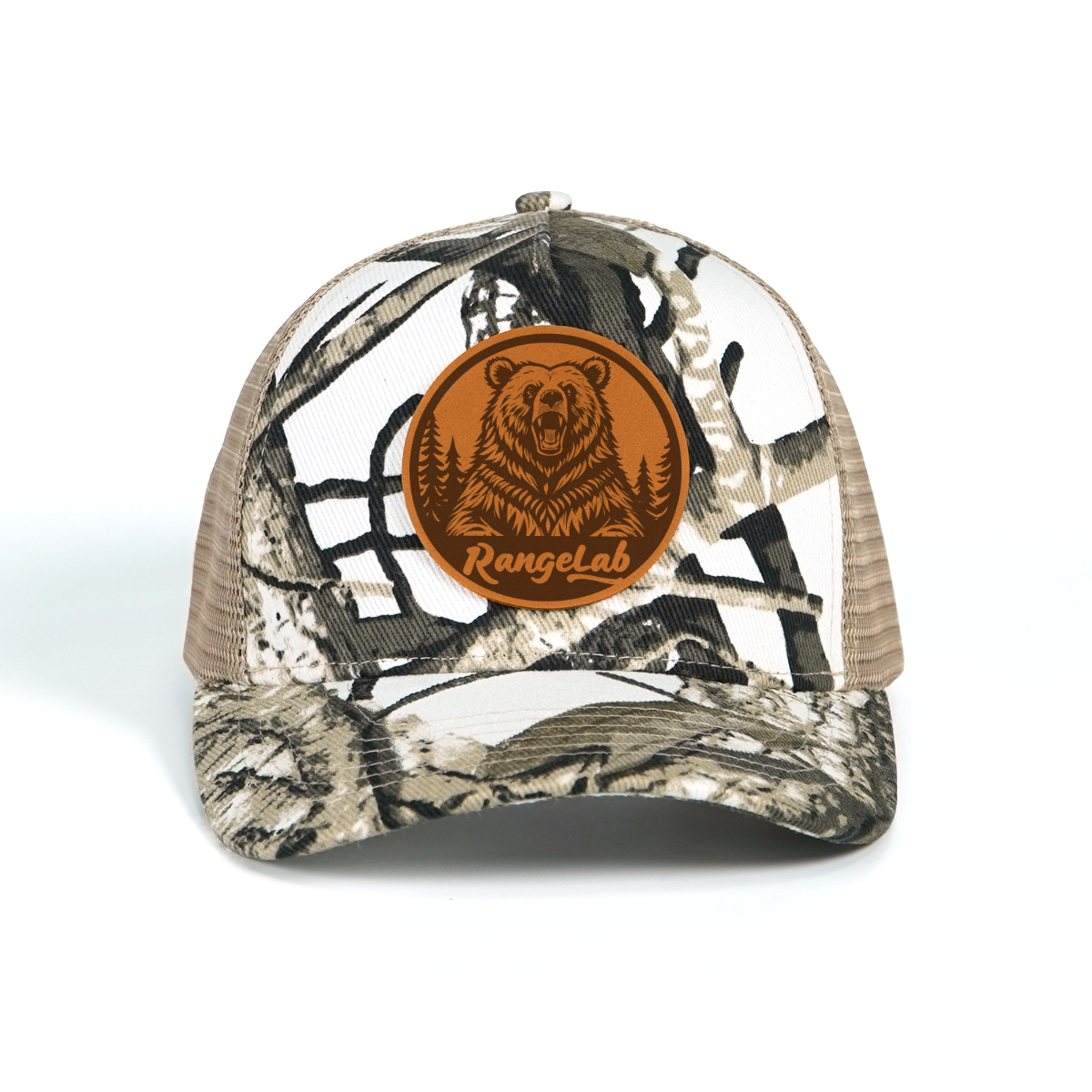 Rangelab Camo Trucker Hat - Adjustable Snapback with Leather Wildlife Patch (Bear, Eagle, Moose & More)