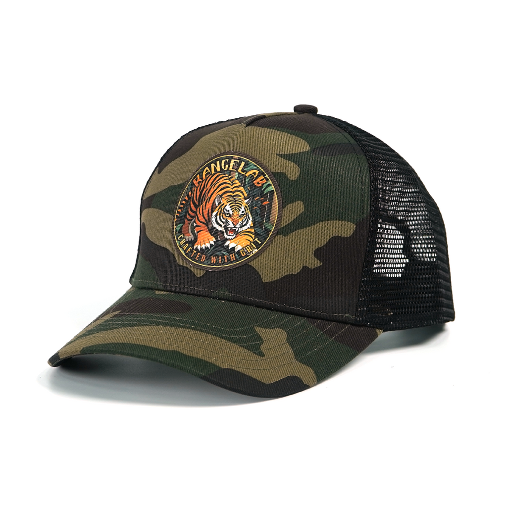 RANGELAB Camo Trucker Hat for Men & Women – Adjustable Mesh Snapback Cap with Leather Patch | Eagle, Tiger & Bear Outdoor Adventure Hats | Breathable Camo Baseball Cap