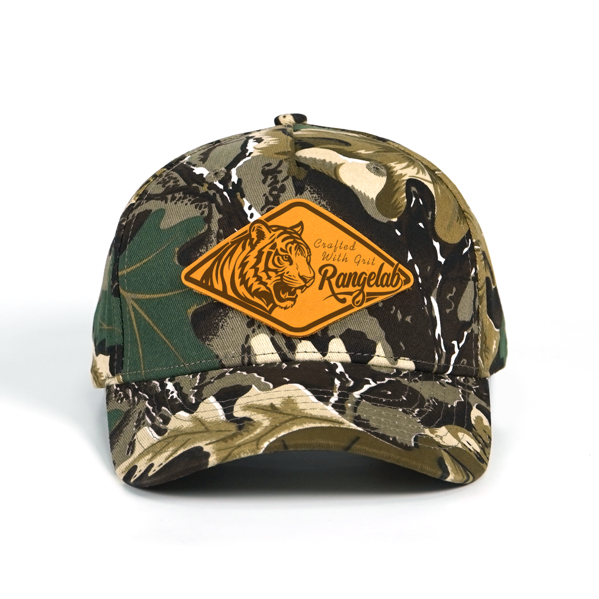 Rangelab Camo Snapback Hat - Genuine Leather Animal Patch (Bear/Croc/Tiger/Eagle/Scorpion) | Adjustable Outdoor Streetwear Cap, 22.5"-25" Fit
