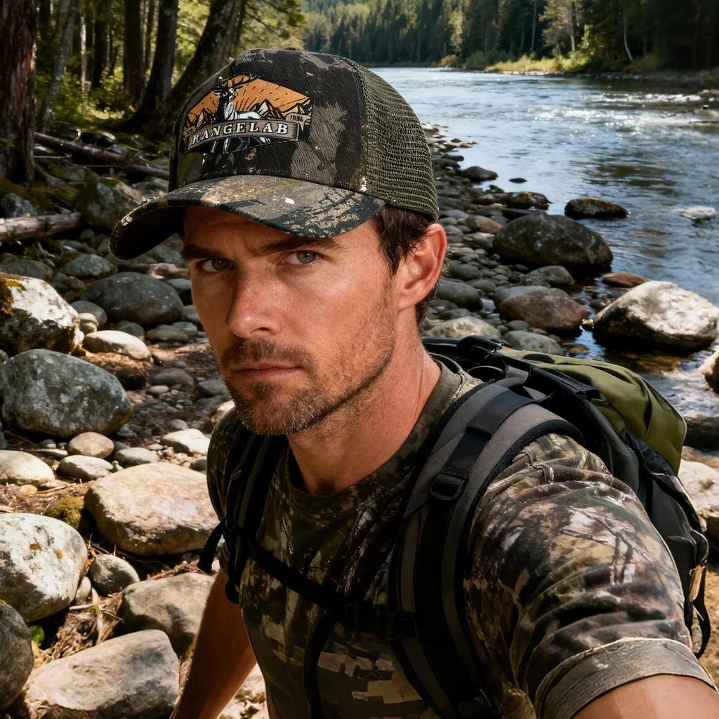 RANGELAB Camo Trucker Hat – Outdoor Hunting Mesh Cap with Printed Patch, Adjustable Snapback for Men & Women