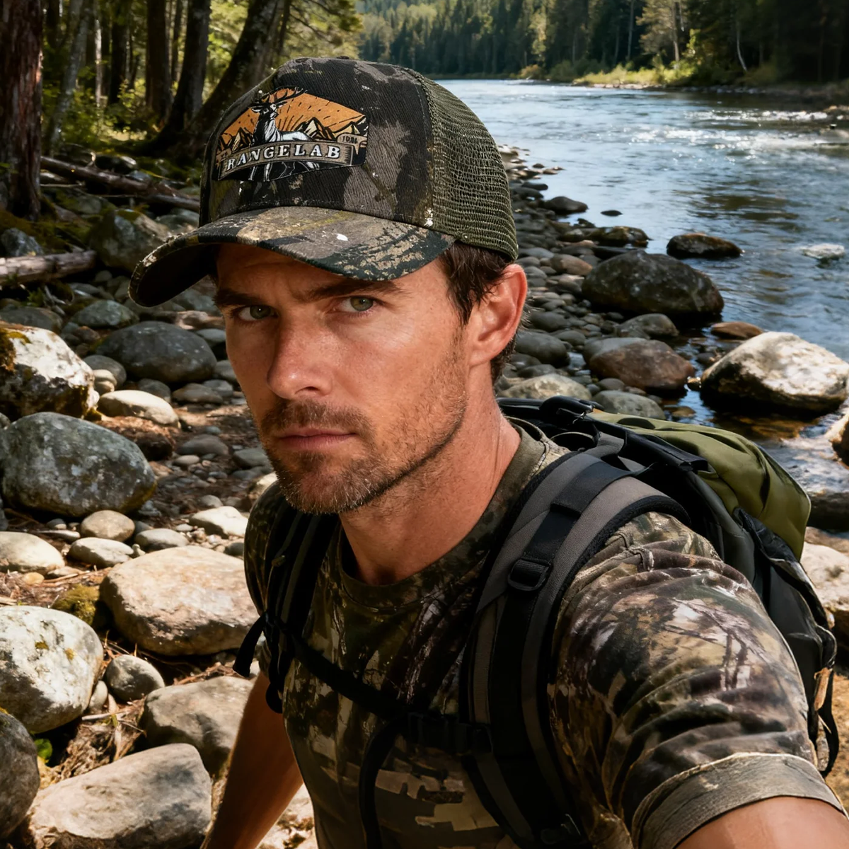 RANGELAB Camo Trucker Hat – Outdoor Hunting Mesh Cap with Printed Patch, Adjustable Snapback for Men & Women
