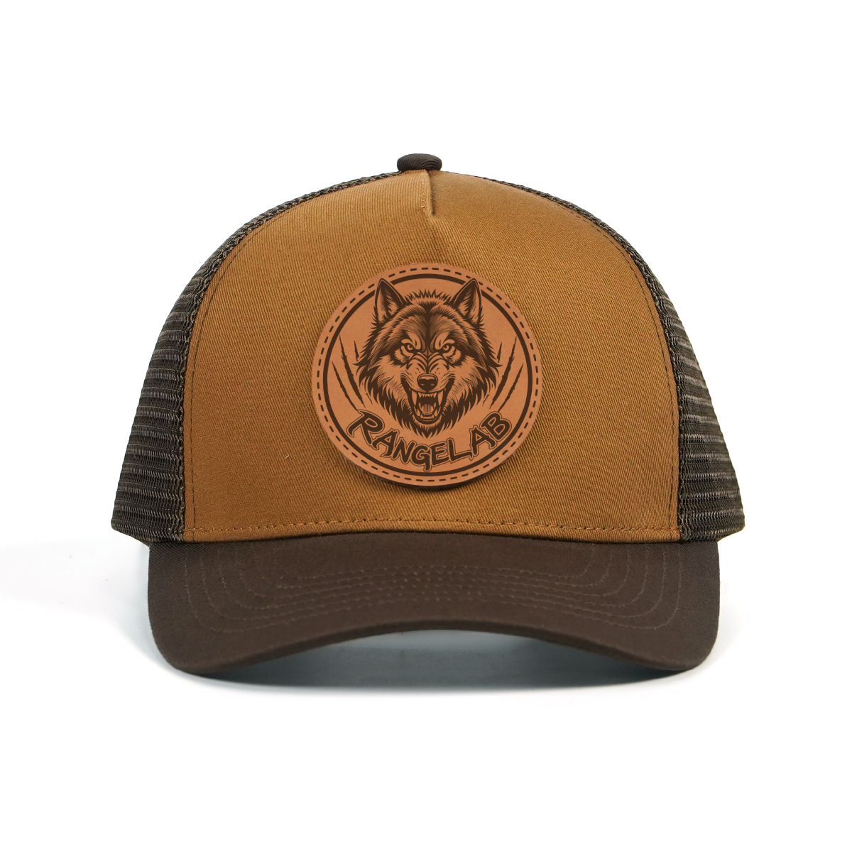 RANGELAB Leather Patch Trucker Hat – Vintage Brown Outdoor Cap (Snake / Wolf / Walrus / Scorpion / Gator)