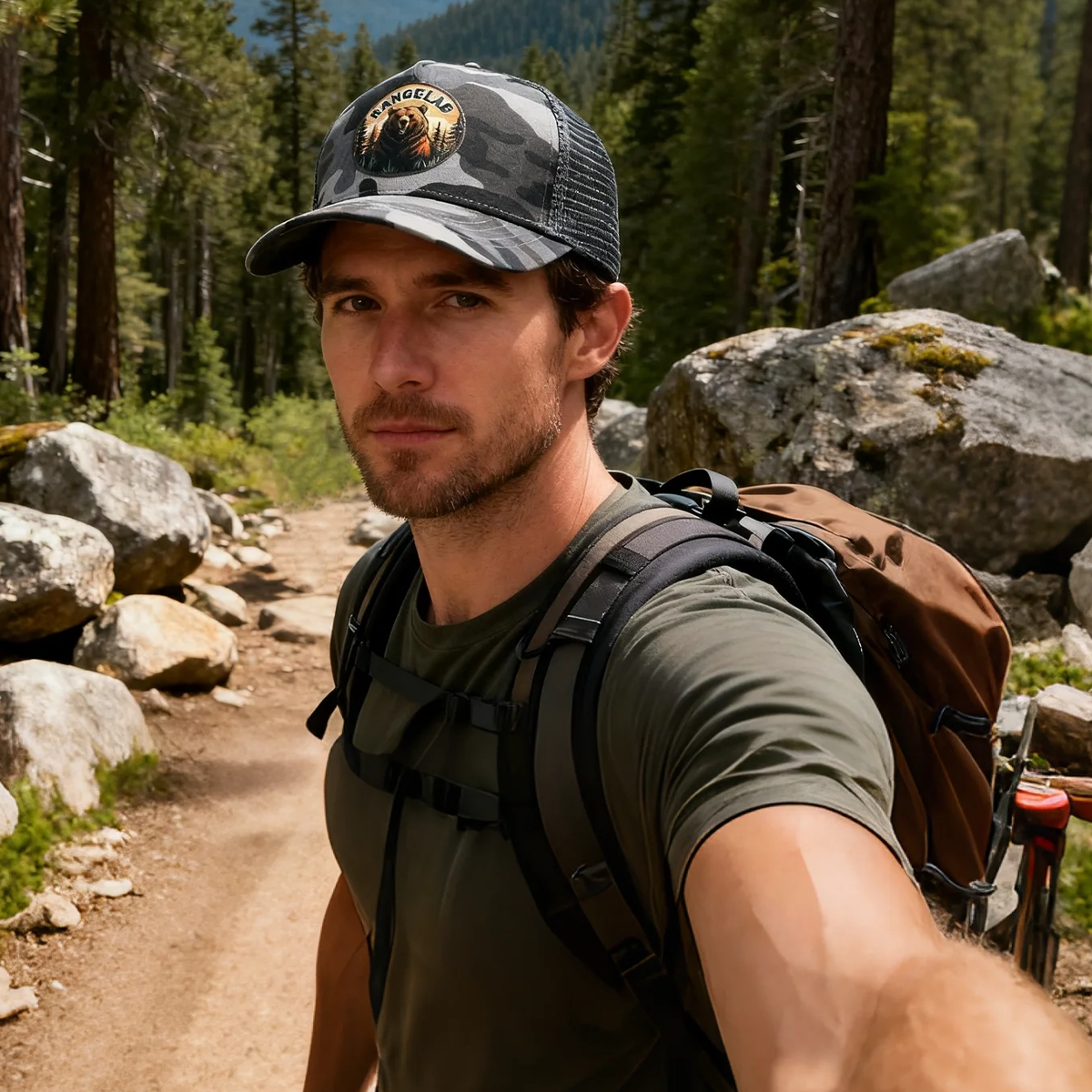 RANGELAB Camo Trucker Hat for Men & Women – Outdoor Mesh Snapback Cap with Eagle, Bear or Tiger Patch – Adjustable Fit, Breathable Camouflage Hat for Hiking, Camping & Everyday Wear