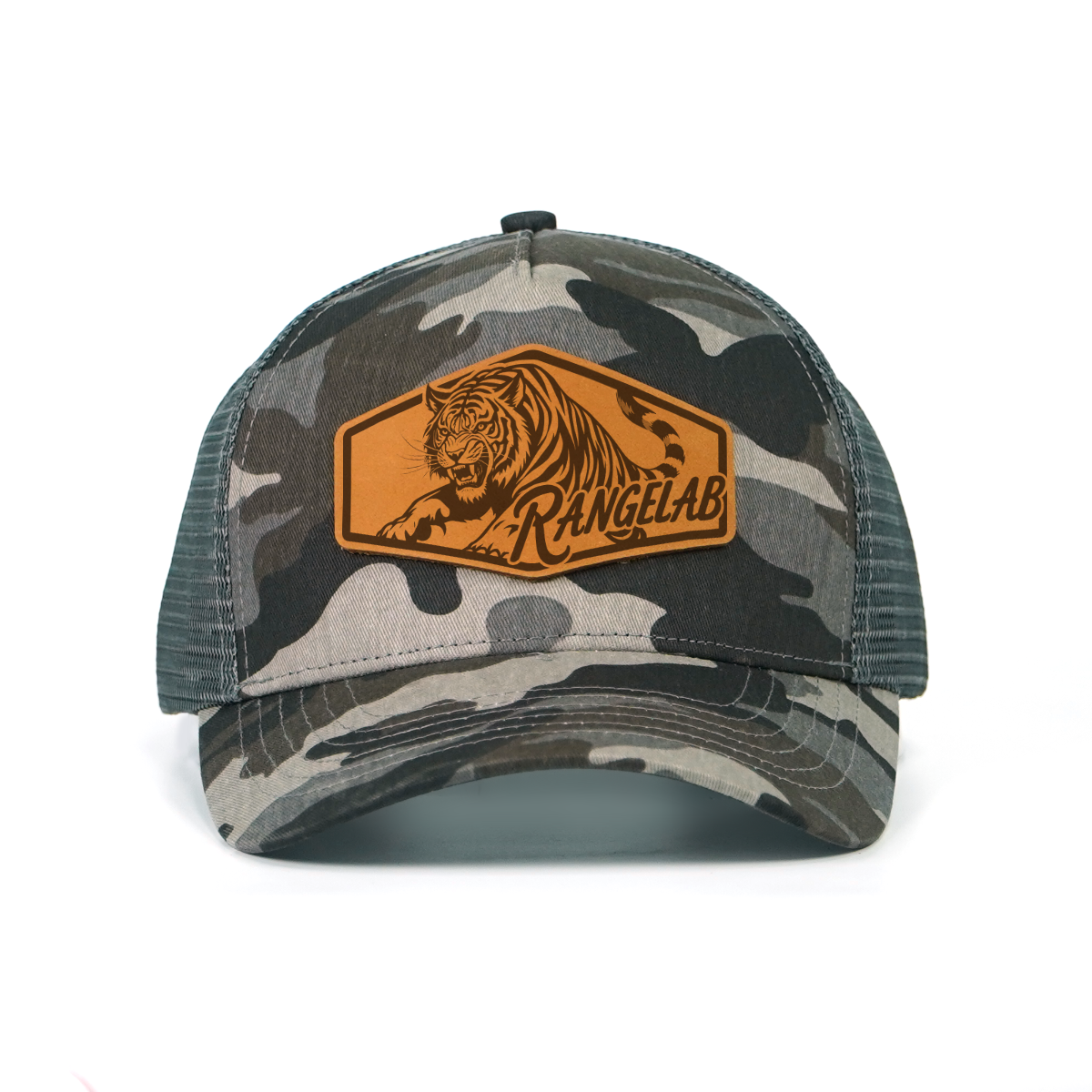 RANGLAB Camo Trucker Hat with Leather Animal Patch - UPF 50+, Mesh Back, Adjustable Fit