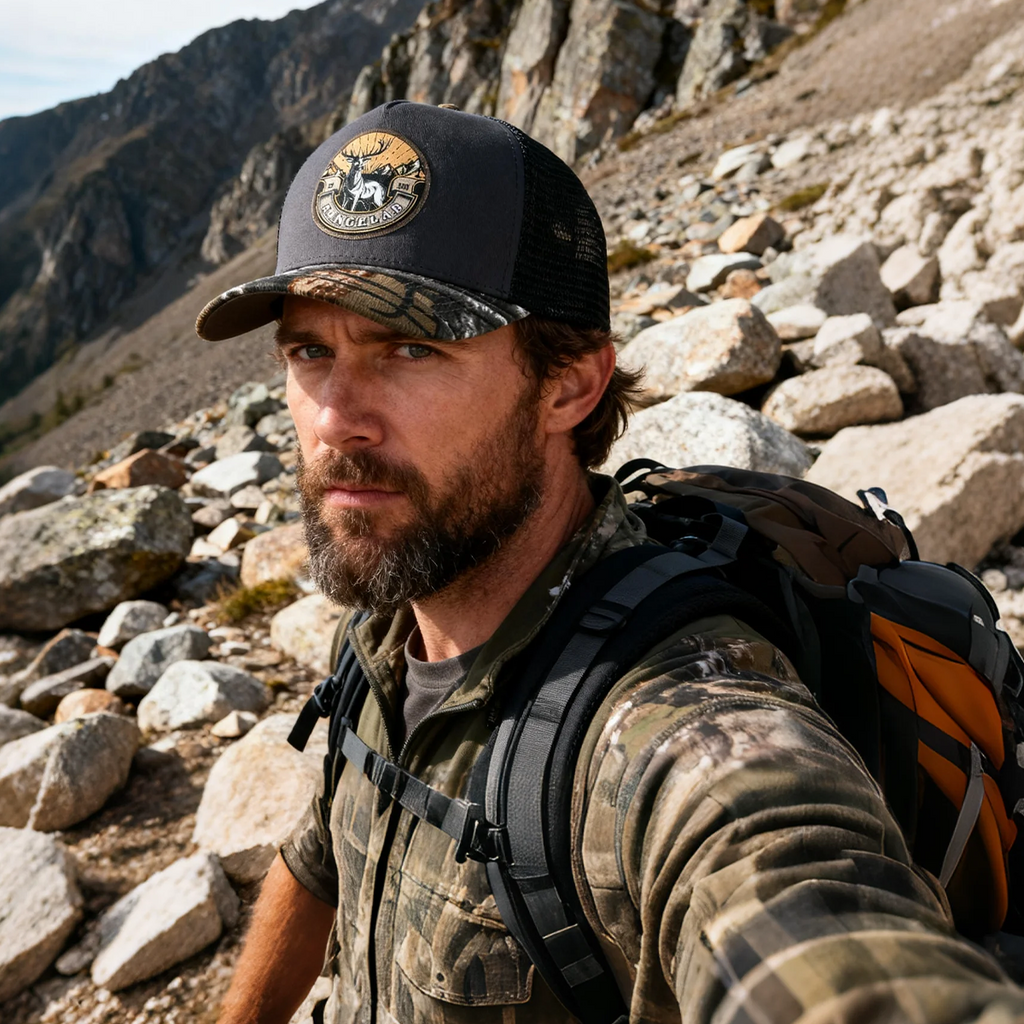 RANGELAB Outdoor Camo Trucker Hat for Men & Women – Breathable Mesh Back Snapback Cap with Leather-Look Wildlife Patch (Lion, Bear, or Deer Design) – Adjustable, Stylish, and Durable for Hiking, Fishing & Everyday Wear