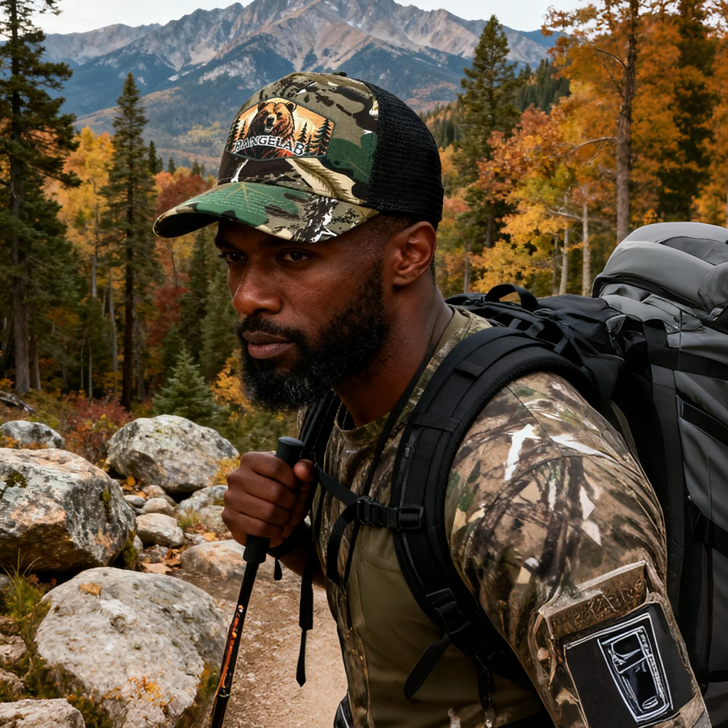 RANGELAB Camo Trucker Hat for Men & Women – Adjustable Mesh Snapback Cap with Lion, Tiger, or Bear Patch – Outdoor Adventure Hunting & Hiking Baseball Hat
