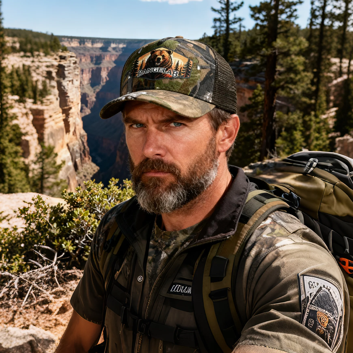 RANGELAB Camo Trucker Hat – Outdoor Mesh Snapback Cap for Men & Women | Adjustable Hunting Hat with Embroidered Leather Patch