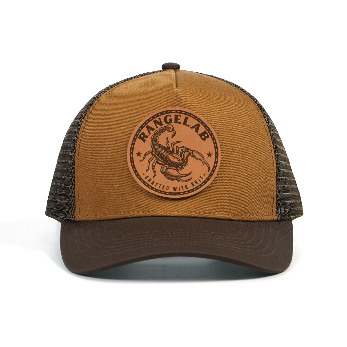 RANGELAB Leather Patch Trucker Hat – Vintage Brown Outdoor Cap (Snake / Wolf / Walrus / Scorpion / Gator)