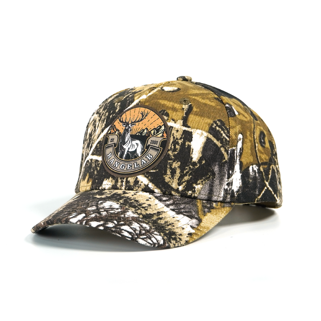 RANGELAB Camo Outdoor Adventure Hat – Adjustable Snapback Hunting Cap with Animal Leather Patch (Deer / Cheetah / Eagle)