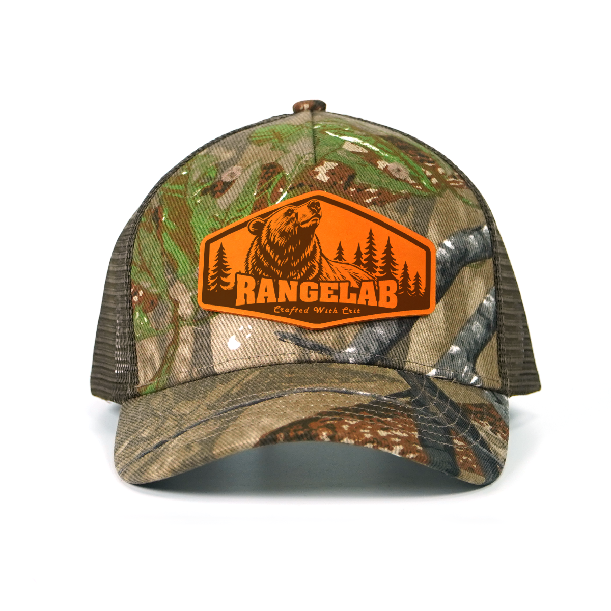 RANGELAB Camo Trucker Hat with Leather Animal Patch – Adjustable Mesh Back for Outdoor & Hunting