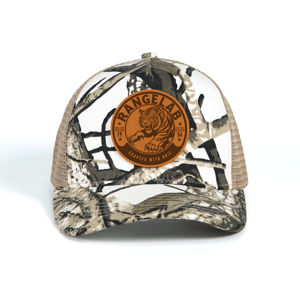 Rangelab Camo Trucker Hat - Adjustable Snapback with Leather Wildlife Patch (Bear, Eagle, Moose & More)
