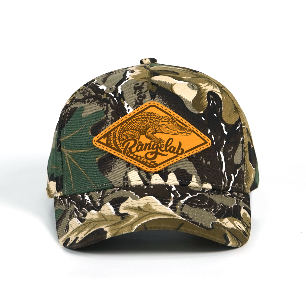 Rangelab Camo Snapback Hat - Genuine Leather Animal Patch (Bear/Croc/Tiger/Eagle/Scorpion) | Adjustable Outdoor Streetwear Cap, 22.5"-25" Fit