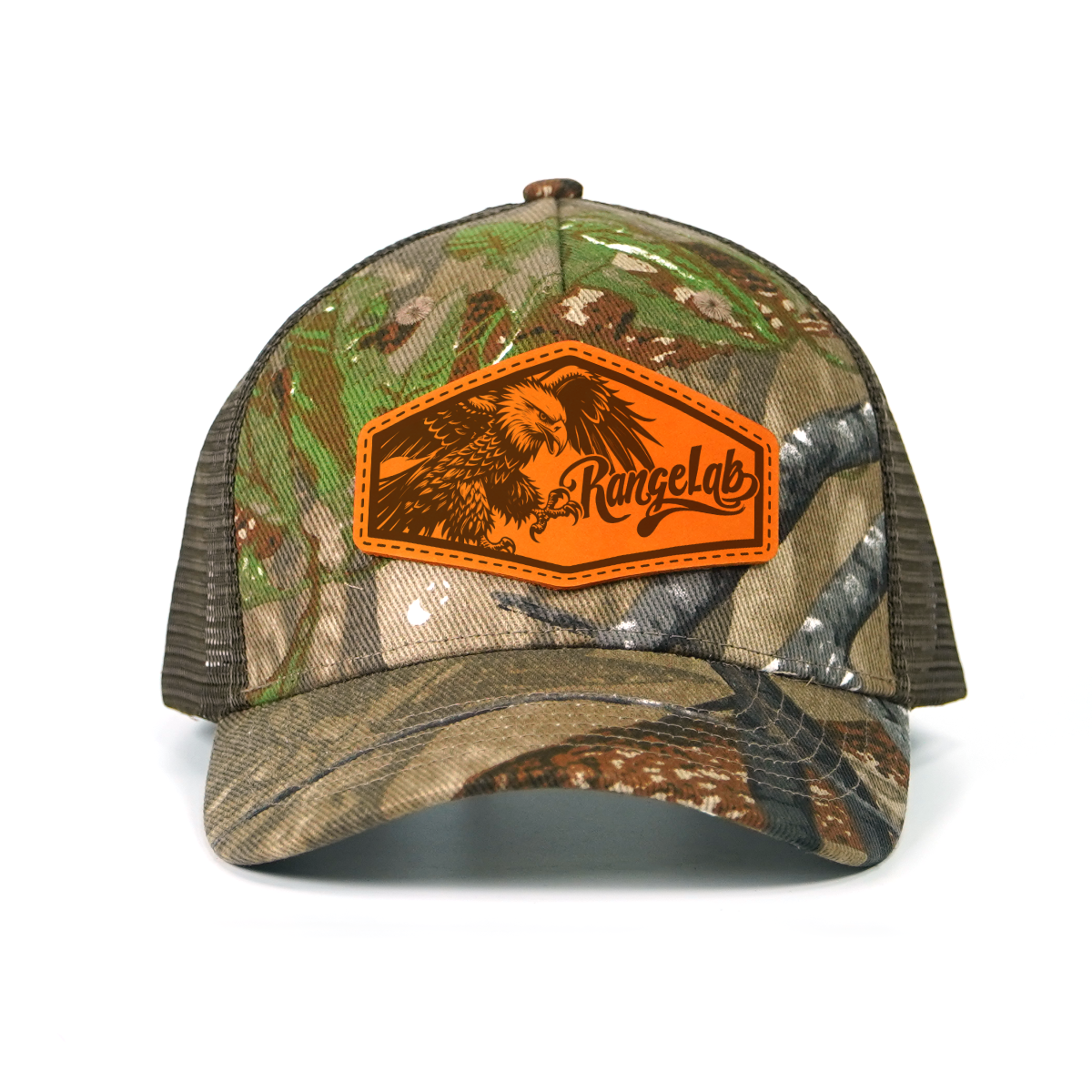 RANGELAB Camo Trucker Hat with Leather Animal Patch – Adjustable Mesh Back for Outdoor & Hunting