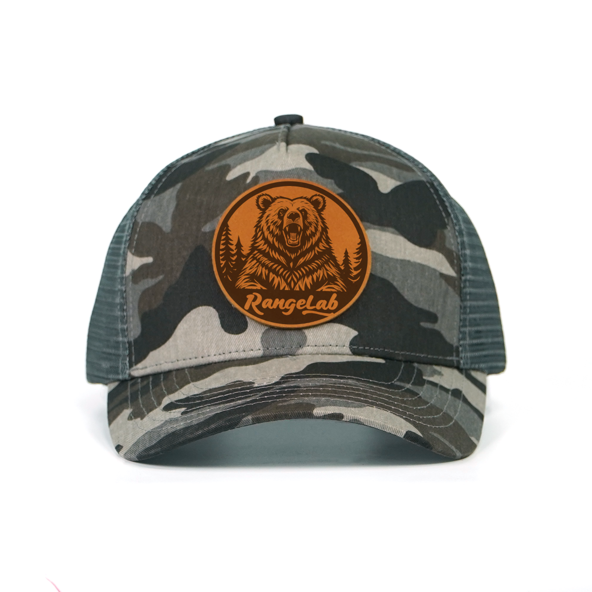 RANGLAB Camo Trucker Hat with Leather Animal Patch - UPF 50+, Mesh Back, Adjustable Fit