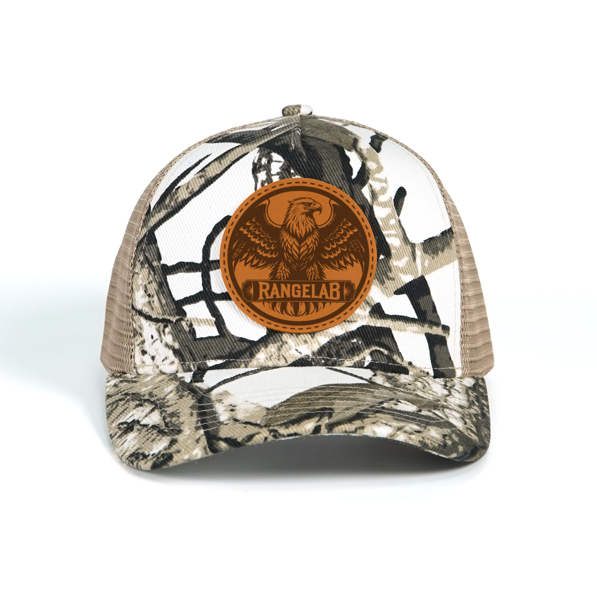 Rangelab Camo Trucker Hat - Adjustable Snapback with Leather Wildlife Patch (Bear, Eagle, Moose & More)